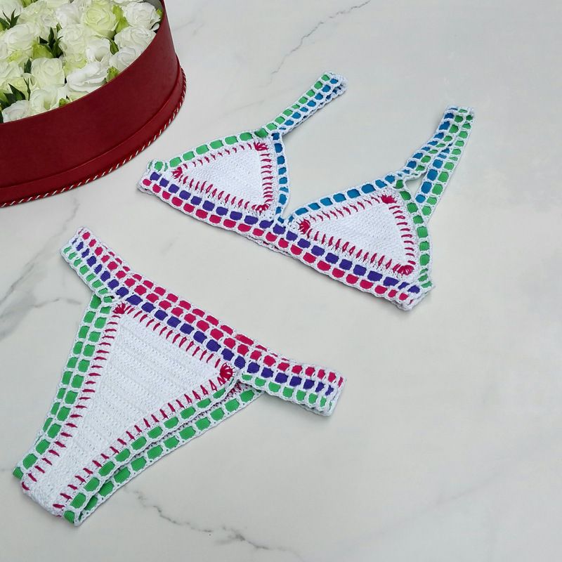 Rainbow Bohemian Trim Crochet Bathing Suit Swimsuit Sets