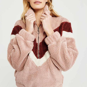 Cozy Colorblock Chevron Half Zip Sherpa Pullover Faux Fur Sweatshirt Jacket on sale - SOUISEE