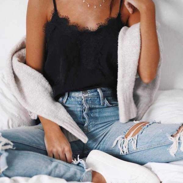 Spaghetti Straps Lace Trim Swing Cami Tank Top on sale - SOUISEE
