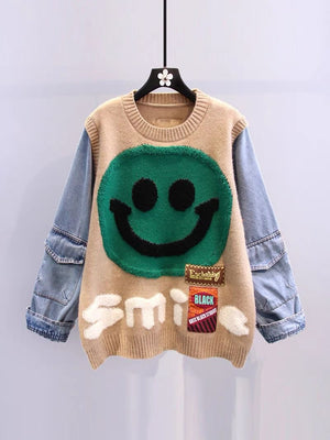 Y2k Smiley Face Fuzzy Embroidered Color Block Knit Denim Sweatshirt Coat