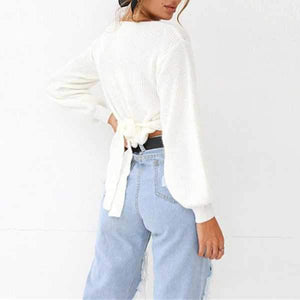 Oversized Tie Back Knitted Wrap Front Sweater Crop Tops on sale - SOUISEE