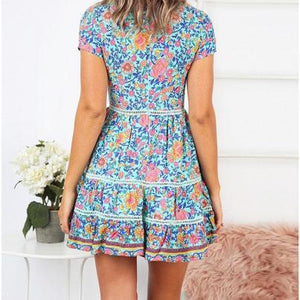 Trimming Boho Floral Button Down Flowy Mini Dress on sale - SOUISEE