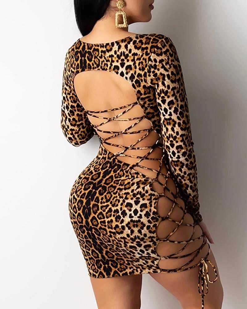 Leopard Strappy Criss Cross Bodycon Back Lace Up Dress on sale - SOUISEE