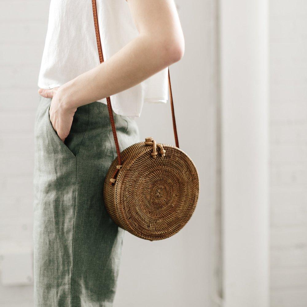 Boho Handmade Round Woven Handbag Bali Rattan Crossbody Beach Bag on sale - SOUISEE