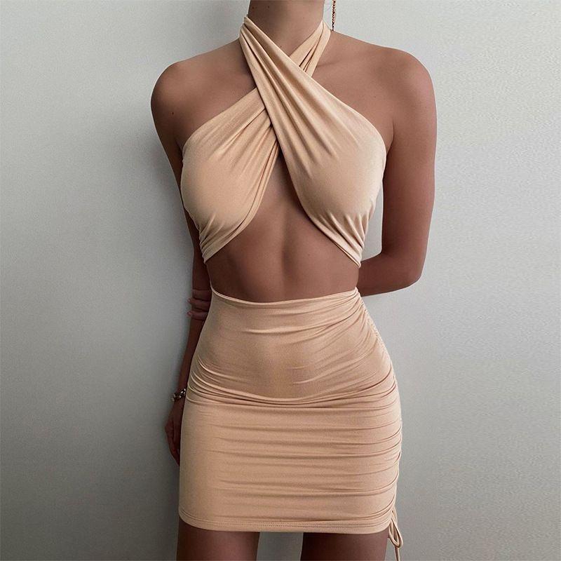 Side Shirred Criss Cross Front Cut Out Wrap Neck Halter Neckline Dress on sale - SOUISEE