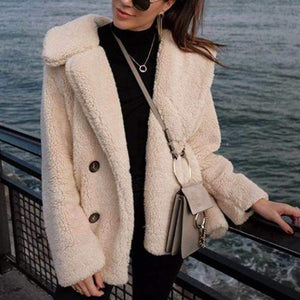 Fluffy Laper Collar Double Breasted Faux Fox Fur Teddy Fleece Jacket Women's on sale - SOUISEE