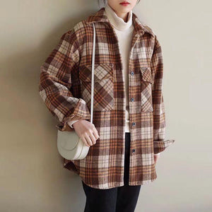 Classic Thick Colorblock Checked Button Down Woolen Shirt Jacket on sale - SOUISEE