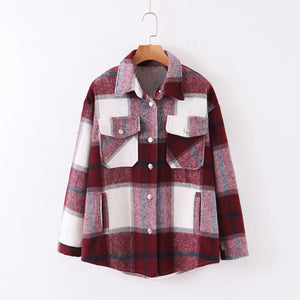 Classic Thick Colorblock Checked Button Down Woolen Shirt Jacket on sale - SOUISEE