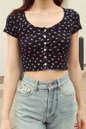 Ribbed Floral Short Sleeve Button Up Crop Top Tee Shirt on sale - SOUISEE