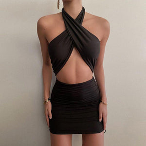 Side Shirred Criss Cross Front Cut Out Wrap Neck Halter Neckline Dress on sale - SOUISEE