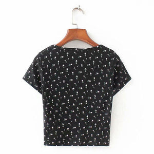 Ribbed Floral Short Sleeve Button Up Crop Top Tee Shirt on sale - SOUISEE