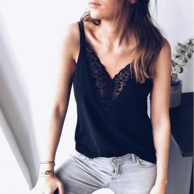 Deep Plunge Floral Embroidered Lace Swing Spaghetti Cami Tank Top on sale - SOUISEE