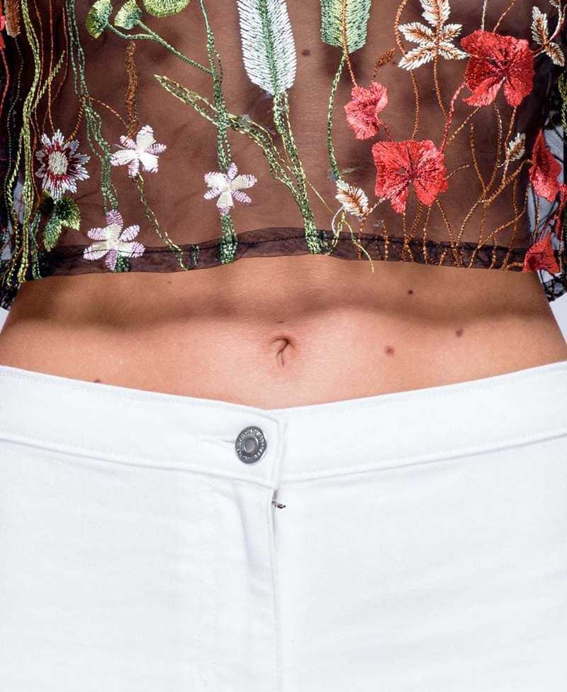 Boho Floral Embroidery Black Mesh Crop Top on sale - SOUISEE