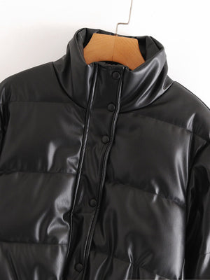 Water Repellent Faux Leather Cotton Padded Waxed Puffer Jacket on sale - SOUISEE