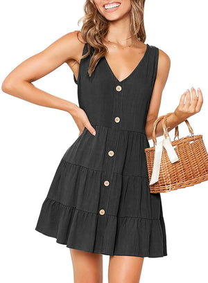 Cute Ruched V Neck Button Down Flowy A Line Sundress on sale - SOUISEE