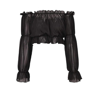 Lantern Long Sleeve Ruffle Off The Shoulder Chiffon Crop Top Blouse on sale - SOUISEE