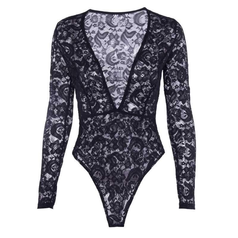 Plunge V Neck Black/ White long sleeve lace bodysuit on sale - SOUISEE