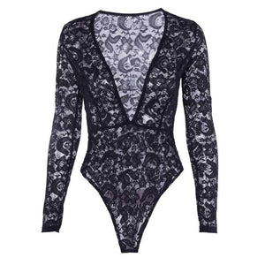 Plunge V Neck Black/ White long sleeve lace bodysuit on sale - SOUISEE