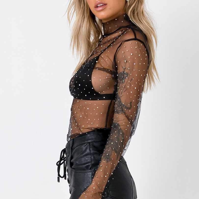 Chic Sparkle Embellished Sheer Mesh Sequin Top Tees on sale - SOUISEE