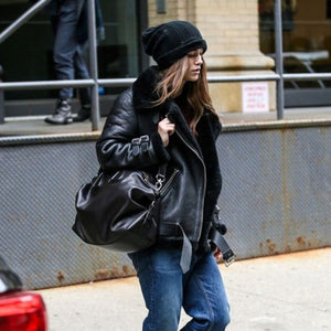 Faux Fur Lined Leather Shearling Moto Jacket SOUISEE