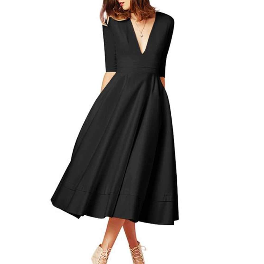 Classy Plunge Neckline Flowy Midi Work Dress on sale - SOUISEE