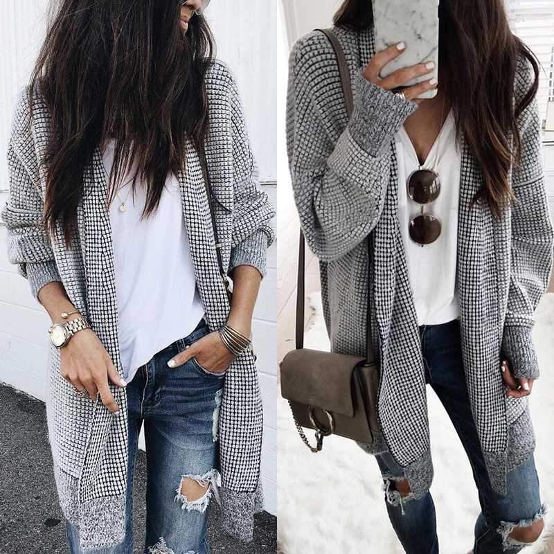 Oversized Black White Checkered Long Cardigan Sweater on sale - SOUISEE
