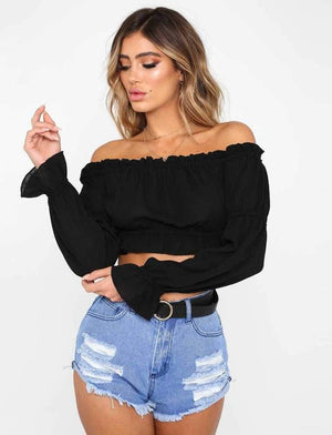 Lantern Long Sleeve Ruffle Off The Shoulder Chiffon Crop Top Blouse on sale - SOUISEE