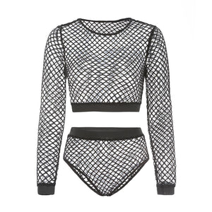 Black Mesh Fishnet Sheer Crop Top&Short Co ord Sets on sale - SOUISEE