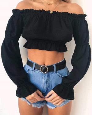 Lantern Long Sleeve Ruffle Off The Shoulder Chiffon Crop Top Blouse on sale - SOUISEE