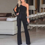 One Shoulder Split Sleeve Belted Wide Leg Jumpsuits on sale - SOUISEE