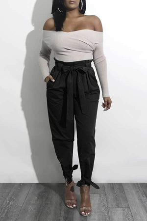 High Waisted Bow Tie Waist Cargo Pants Baggy Trousers on sale - SOUISEE