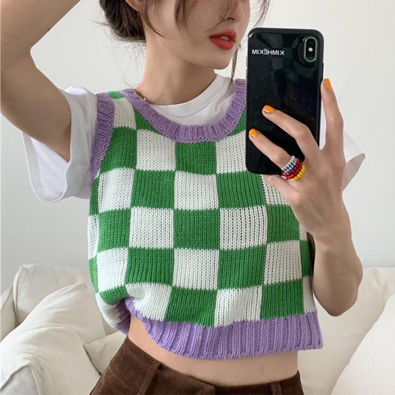 Color Block Ribbed Trimmed Check Knit Vest Cropped Sleeveless Tank Jumper on sale - SOUISEE