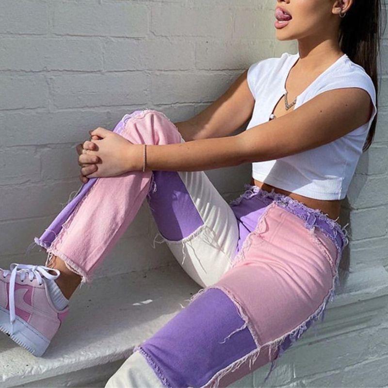 Slim Fit Stitched Color Block Straight Leg Jeans Ripped Denim Trousers on sale - SOUISEE