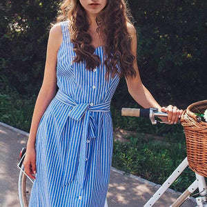 College Slimming Tie Waist Button Up Vertical Striped Midi Sundress on sale - SOUISEE