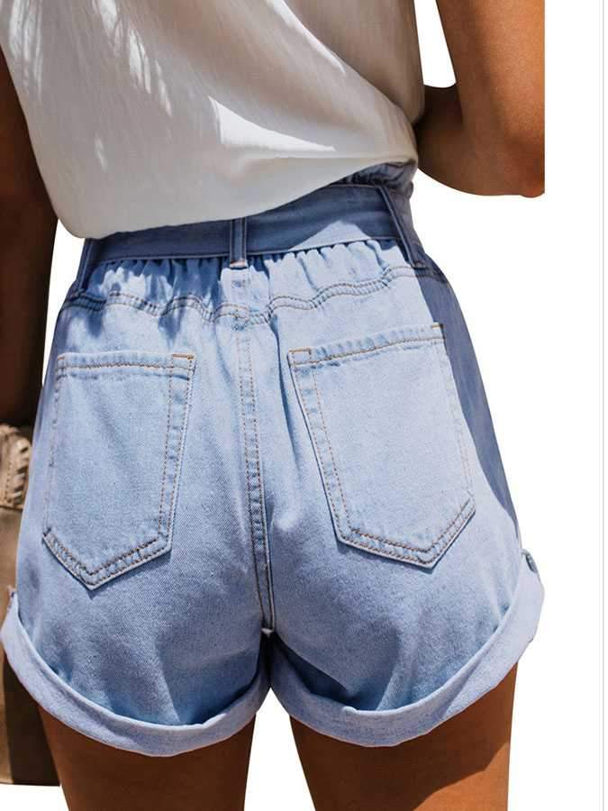 Boyfriend Loose Fit High Waisted Cuffed Paperbag Denim Shorts on sale - SOUISEE