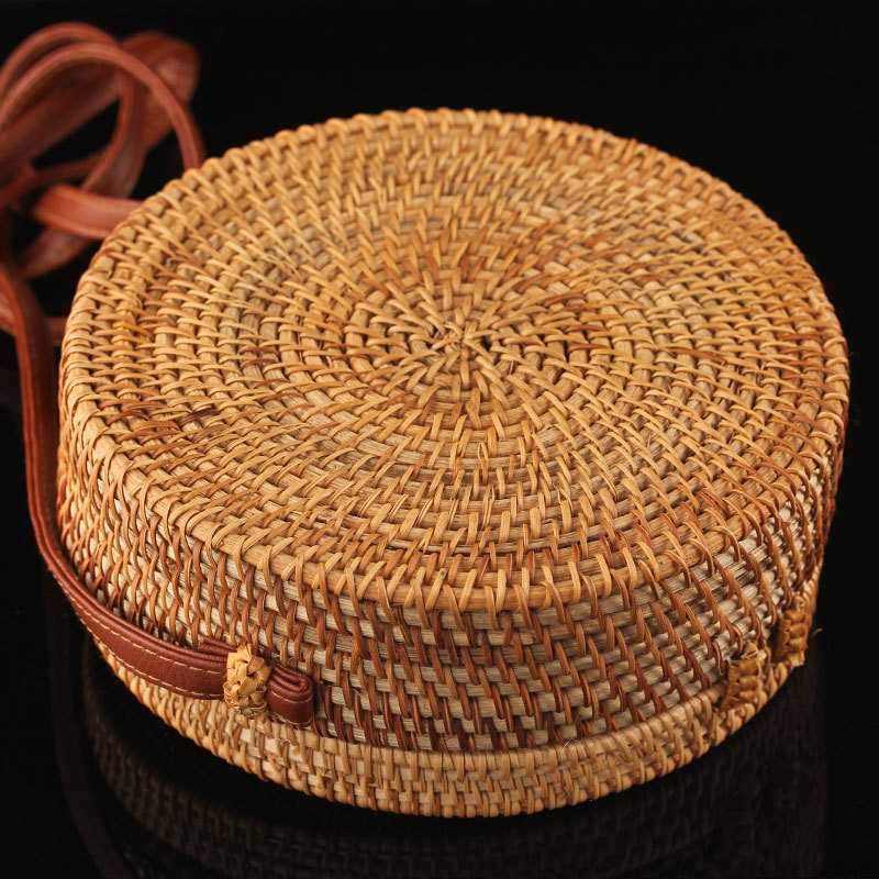 Boho Handmade Round Woven Handbag Bali Rattan Crossbody Beach Bag on sale - SOUISEE