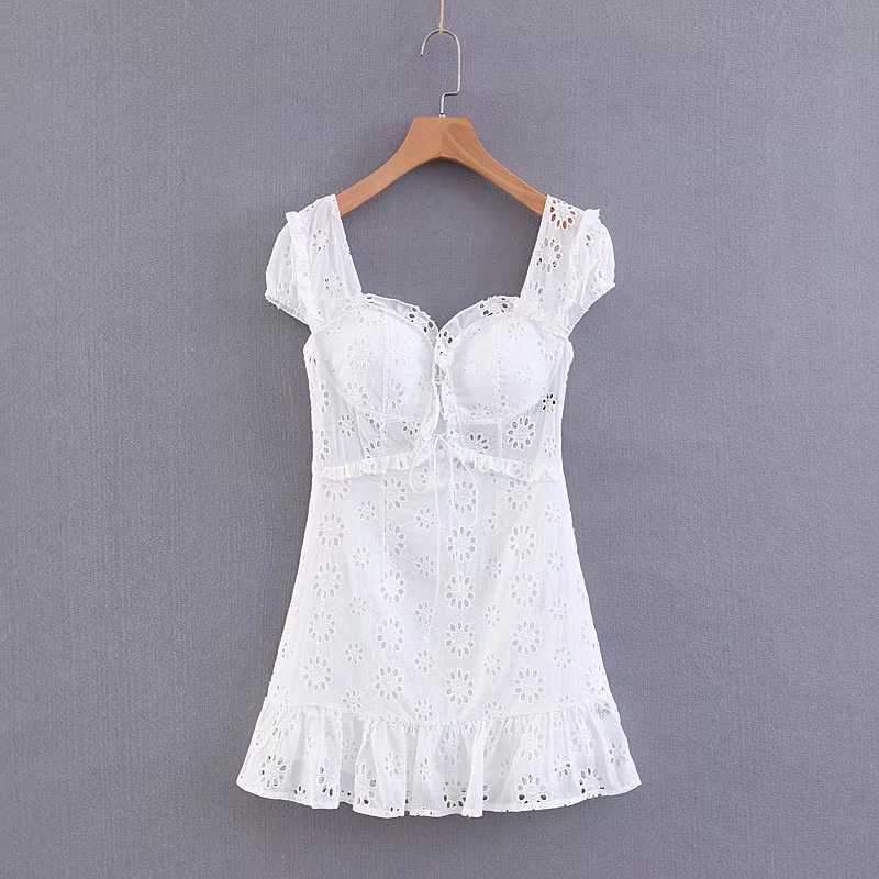 Elegant Criss Cross White Lace Eyelet Dress Puff Sleeve on sale - SOUISEE