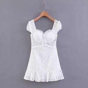 Elegant Criss Cross White Lace Eyelet Dress Puff Sleeve on sale - SOUISEE
