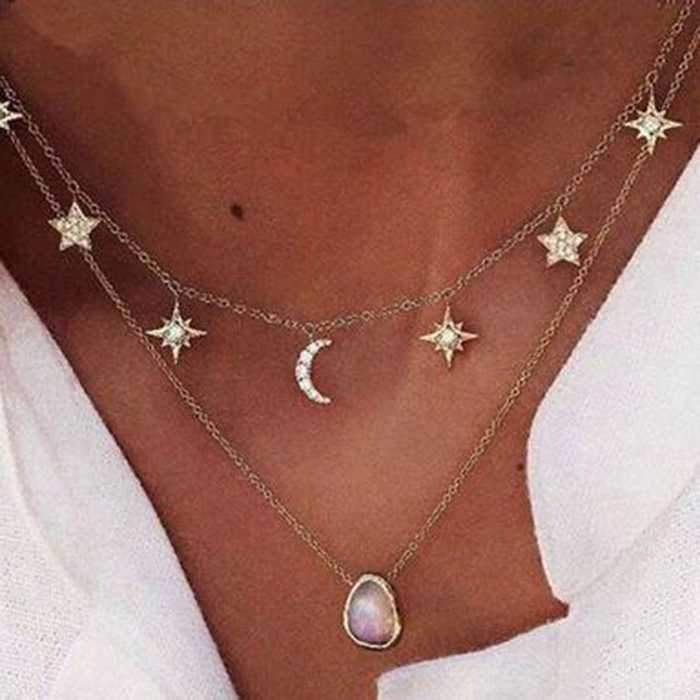 Dainty Rhinestone Multi Stars Crescent Moon Gold Choker on sale - SOUISEE