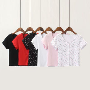 Ribbed Floral Short Sleeve Button Up Crop Top Tee Shirt on sale - SOUISEE