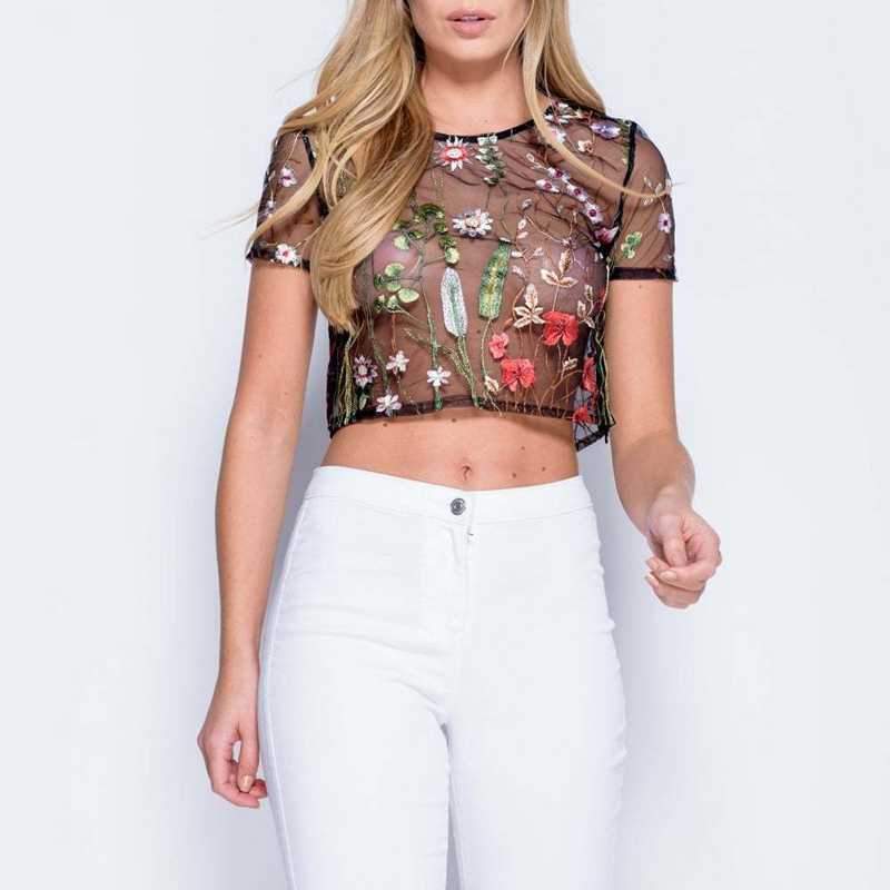 Boho Floral Embroidery Black Mesh Crop Top on sale - SOUISEE