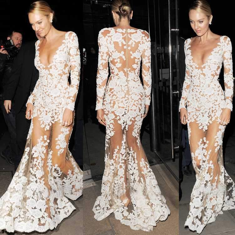 White Lace Embroidered Sheer Mesh Mermaild Formal Gowns Dress on sale - SOUISEE