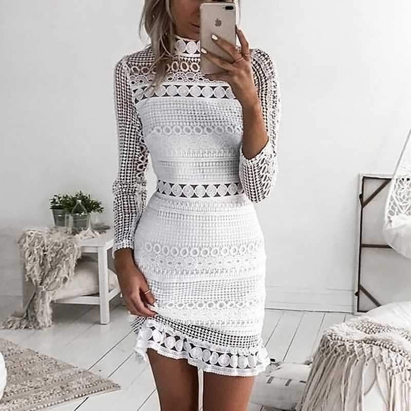 Bohemian long sleeve turtle neck white lace dress on sale - SOUISEE