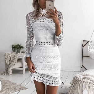 Bohemian long sleeve turtle neck white lace dress on sale - SOUISEE