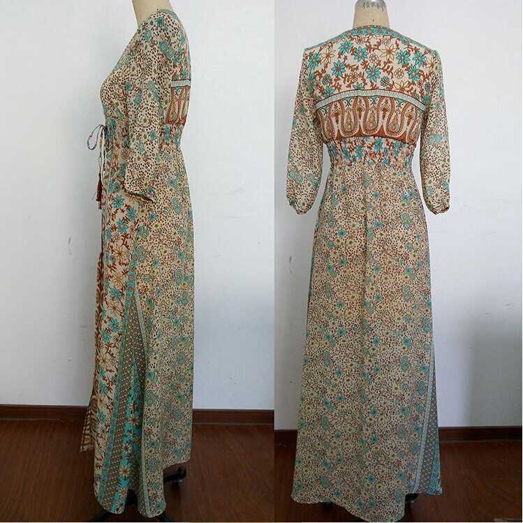 Elastic Waist Hippie Gypsy Floral Prints Double Thigh Split Maxi Dress Chiffon on sale - SOUISEE