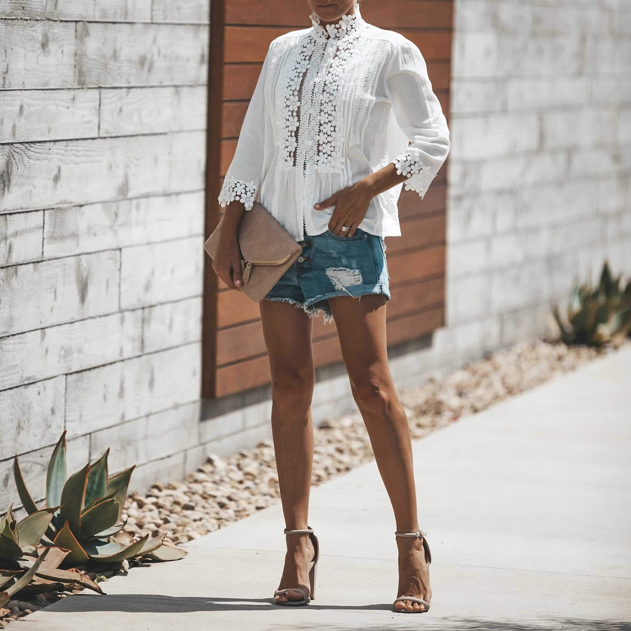 Bohemian Crochet Lace Button Up Shirt Top on sale - SOUISEE