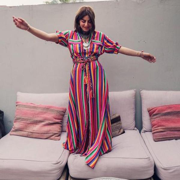 Boho Multi striped long maxi button down dress with sleeves on sale - SOUISEE