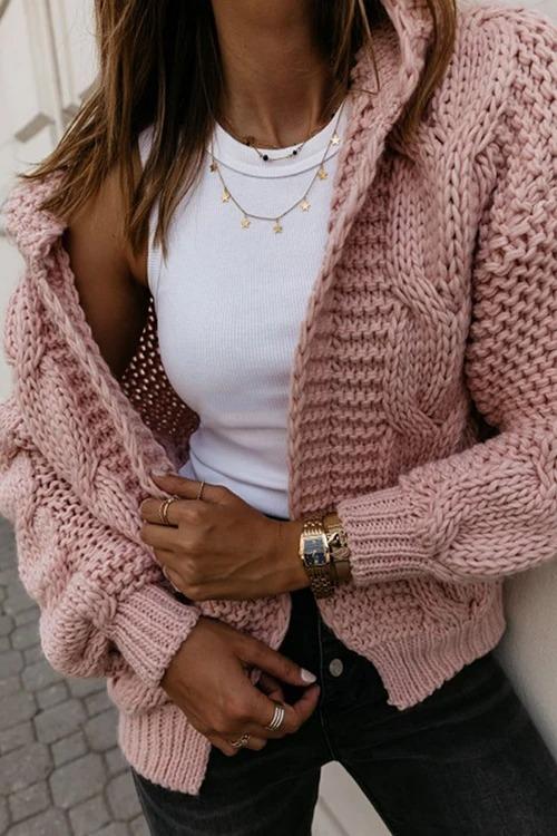 Oversized Braided Knitted Chunky Sweater Hoodie Cardigan Sweater Jacket on sale - SOUISEE