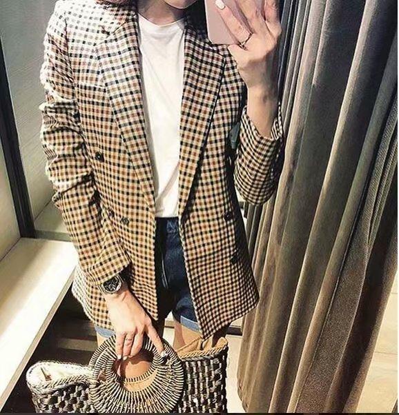 Double Breasted Khaki Lapel Collar Checkered Blazer Suit Womens on sale - SOUISEE