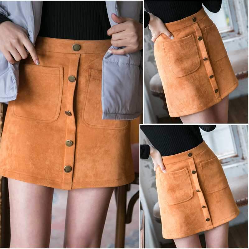 Front Button Up High Waisted Mini Suede Skirt on sale - SOUISEE